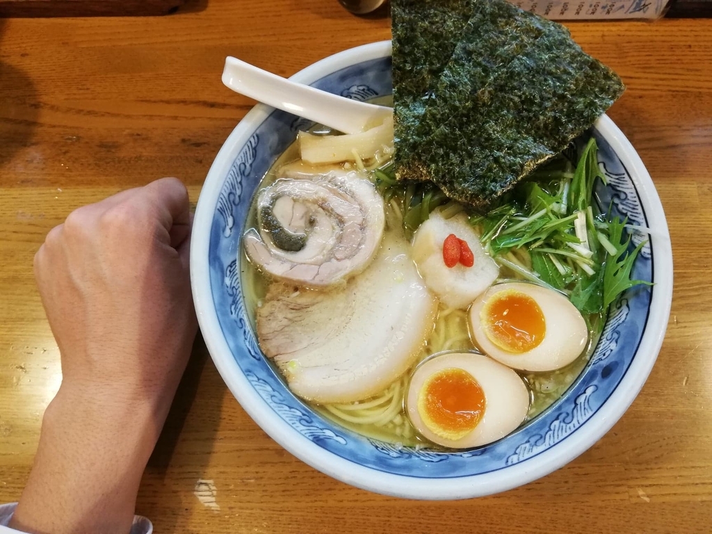 特選塩ラーメンの器と拳のサイズ比較