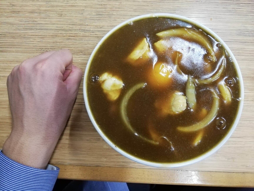 浅草『翁そば』のカレー南蛮うどんと拳のサイズ比較