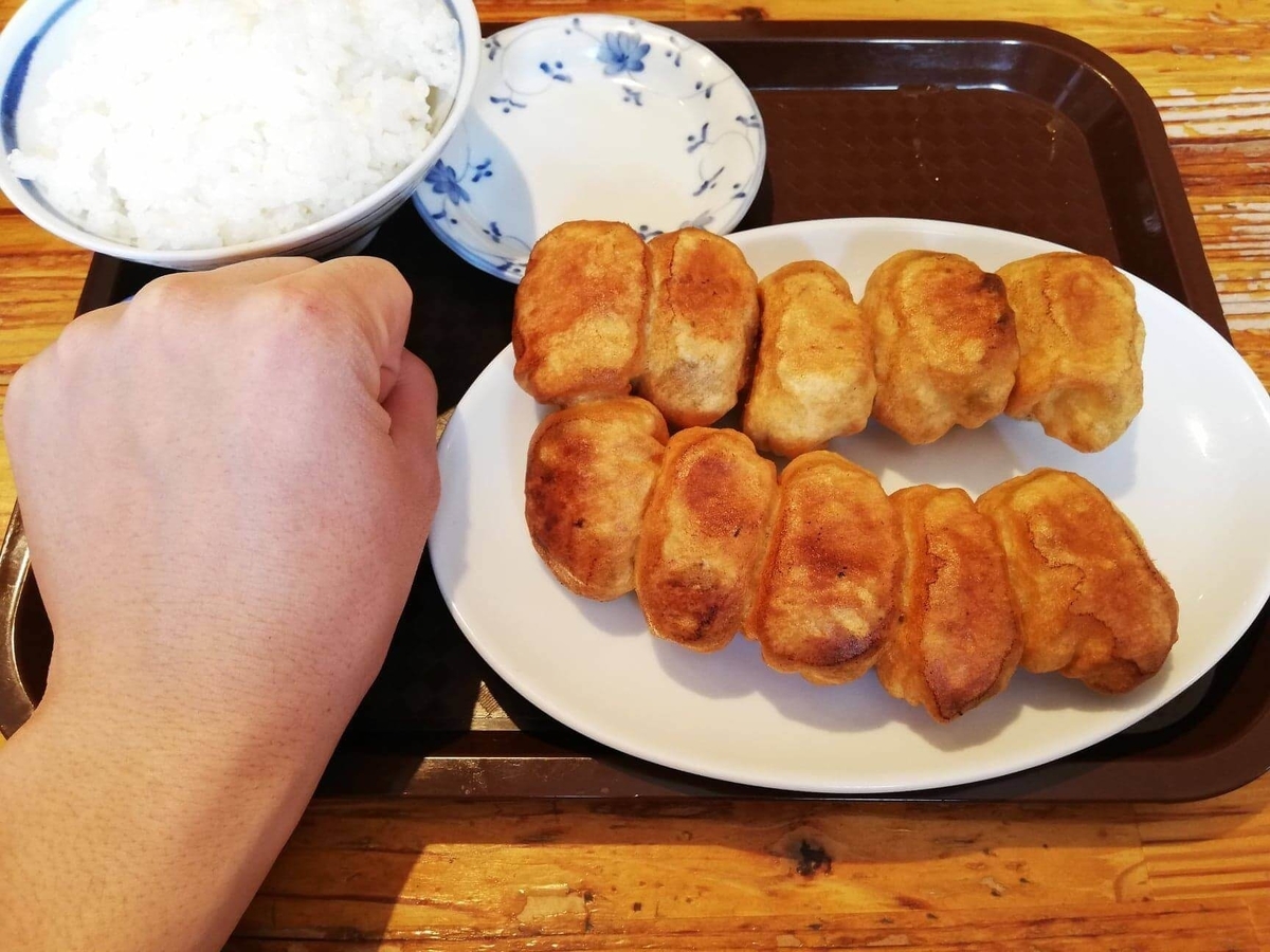 亀有『ホワイト餃子』の焼き餃子セットと拳のサイズ比較写真