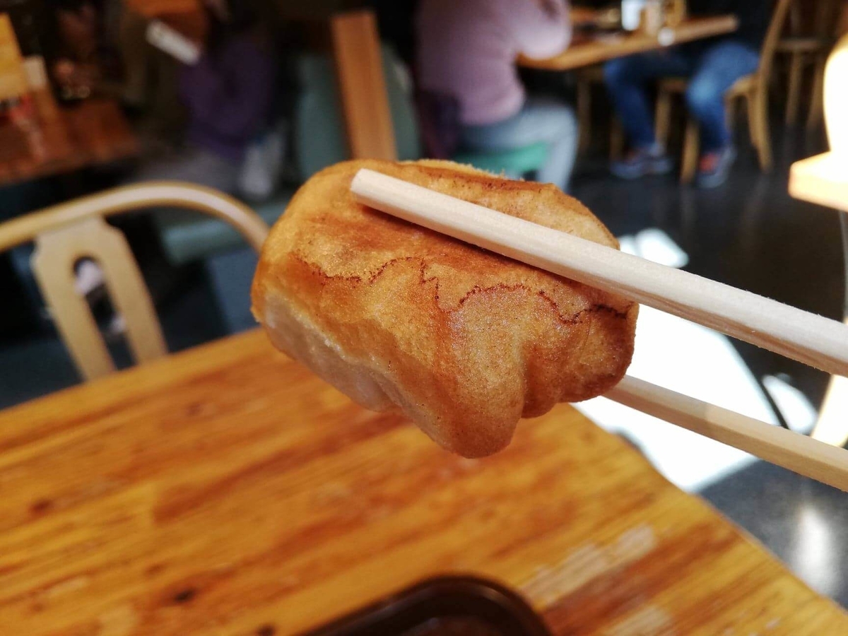 亀有『ホワイト餃子』の焼き餃子を、箸で掴んでいる写真