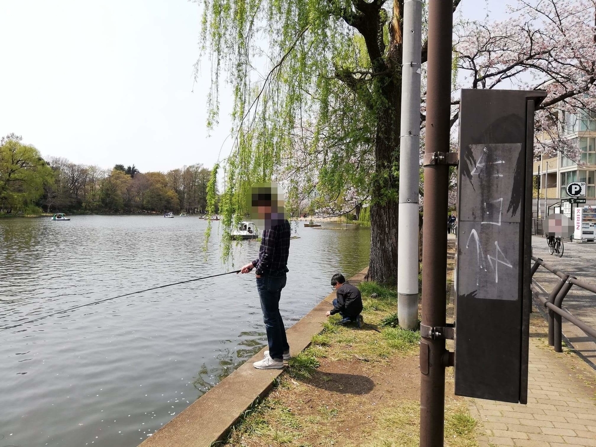 『石神井公園』の石神井池沿いにいる釣り人の写真
