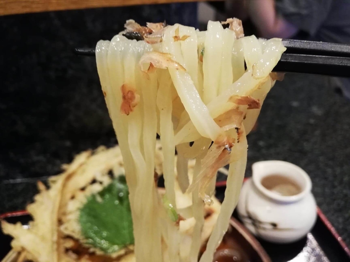 高田馬場『大地のうどん』のごぼうおろしぶっかけの麺を箸で掴んでいる写真