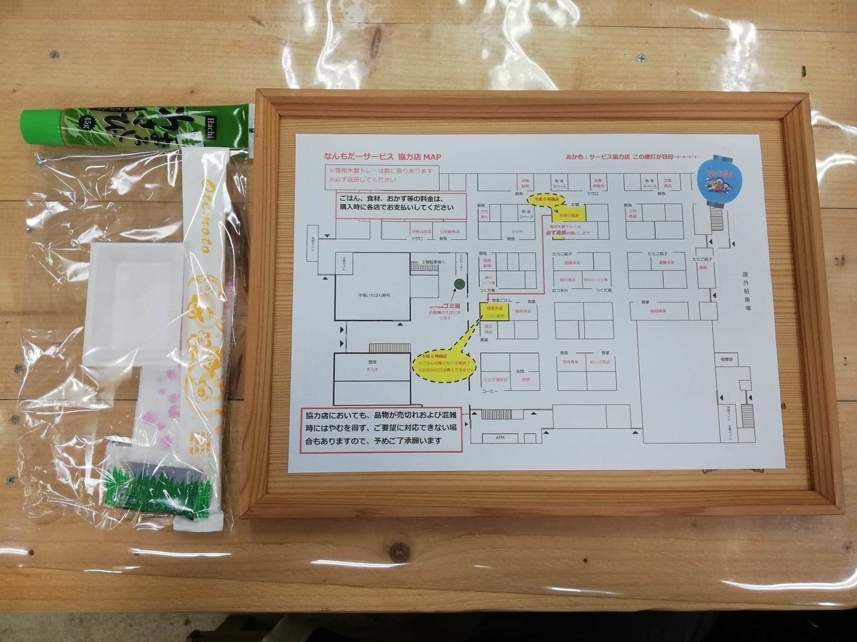 秋田市民市場内の『市場の酒屋』でもらったトレー一式の写真