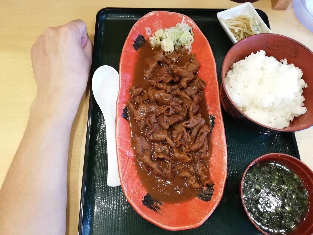 久米川『東京餃子食堂』の信州味噌モツ煮定食と腕のサイズ比較写真