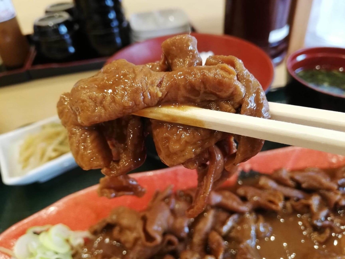 久米川『東京餃子食堂』のモツ煮を箸で持ち上げている写真