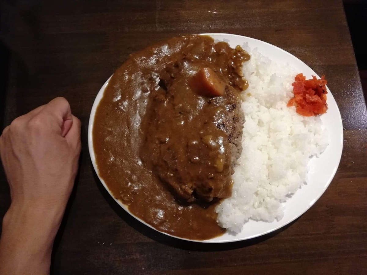 秋葉原（末広町）『牛舎』のハンバーグカレーと拳のサイズ比較写真