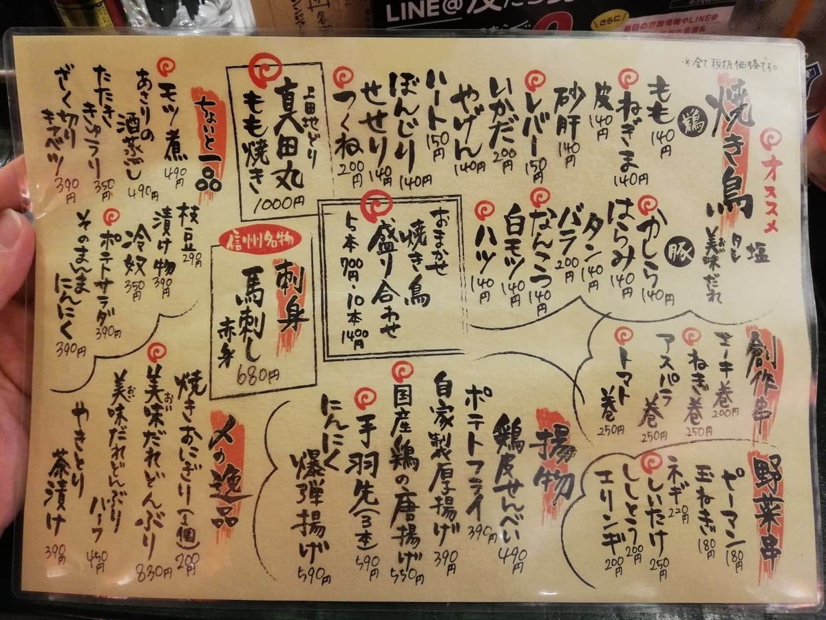 長野県松本市『松本つなぐ横丁』内の『やきとり番長』のメニュー表写真①