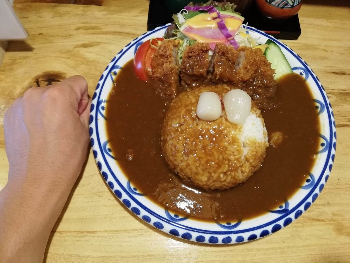 長野県松本市中町通り『松本くろ門』の牛すじカツカレーと拳のサイズ比較写真