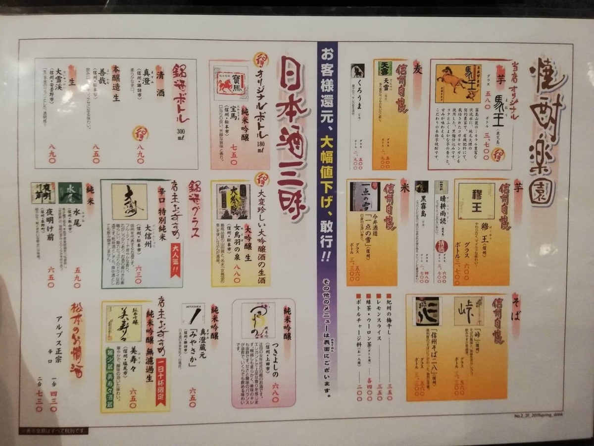 長野県松本市さくら料亭（馬肉料理）『新三よし』のメニュー表写真①