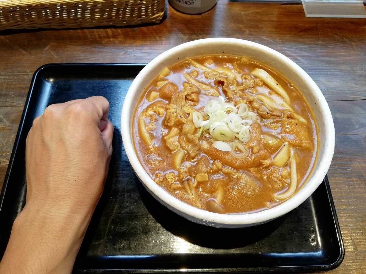 池袋『カレーうどん ひかり TOKYO』のひかりカレーうどんと拳のサイズ比較写真①