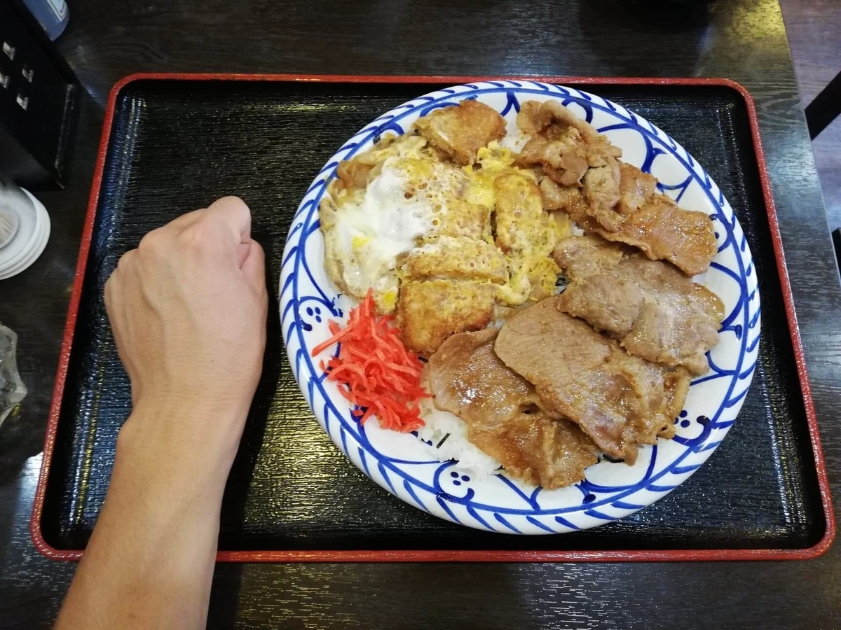 東池袋『伊東食堂』の鳥羽の山丼と拳のサイズ比較写真