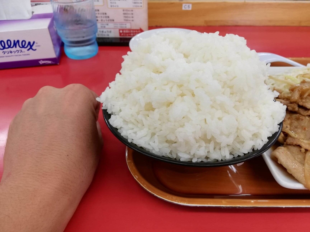 新座『くるまやラーメン』の焼肉定食のライスと拳のサイズ比較写真