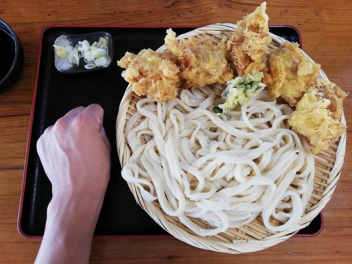 鶴ヶ島（川越）『田舎打ち麺蔵』の、かしわ天ざると拳のサイズ比較写真