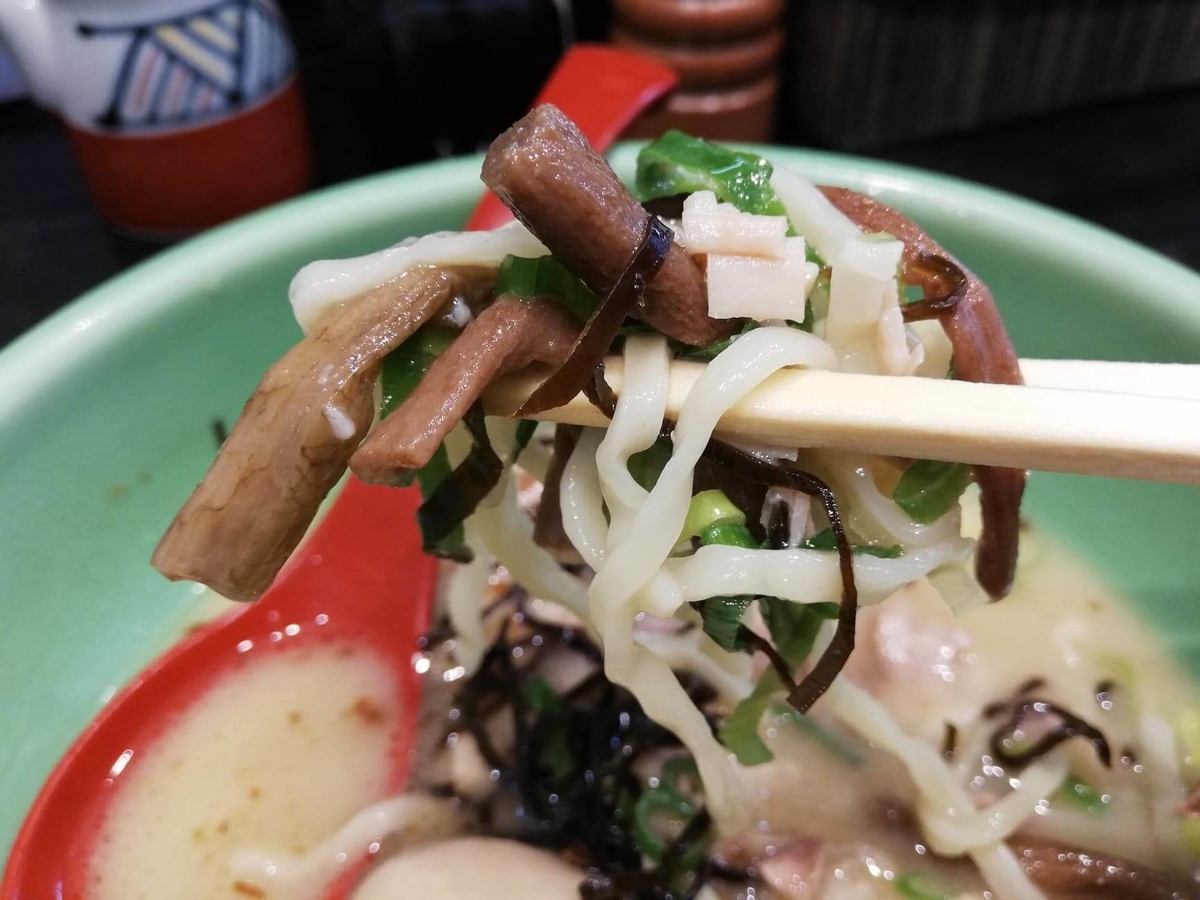 武蔵浦和『麺匠むさし坊』の、太麺全部入りラーメンの麺のアップ写真