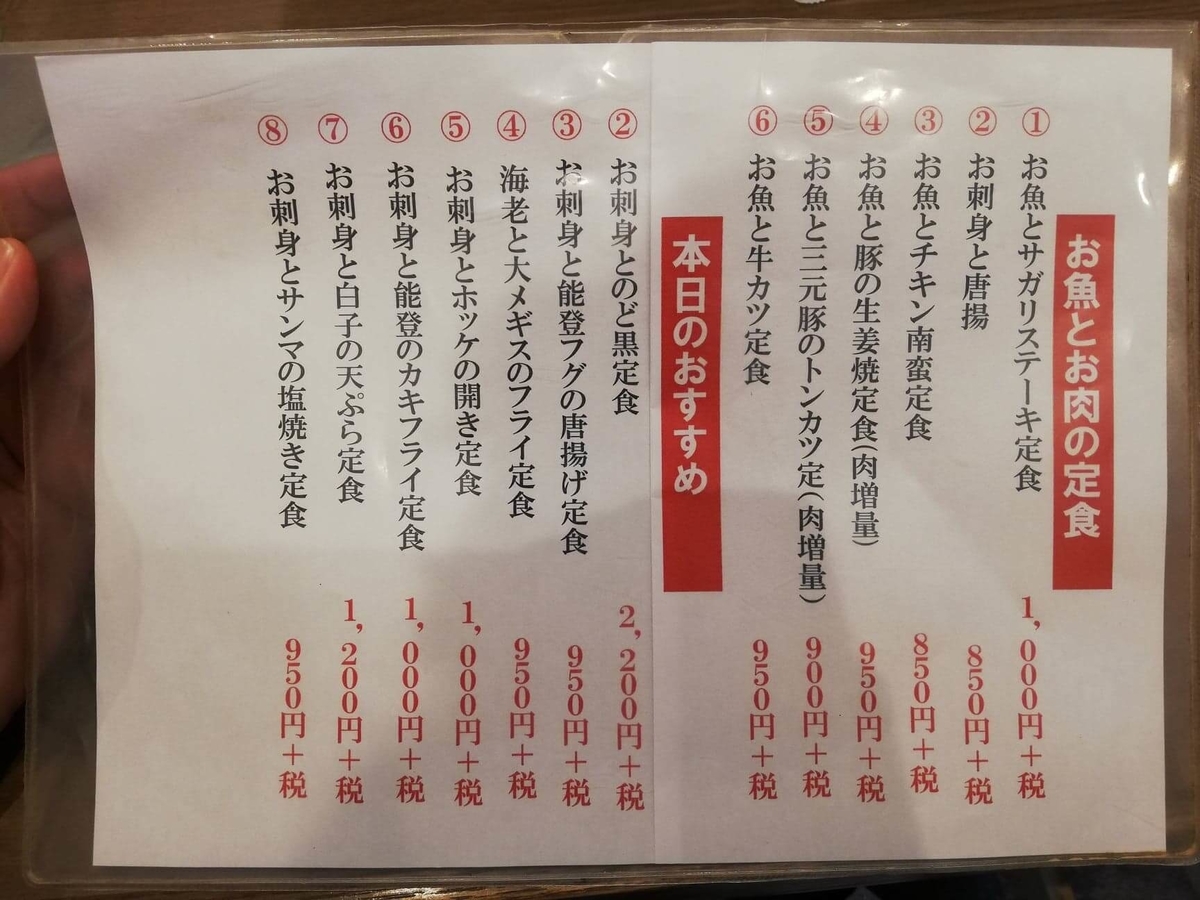 金沢市中央卸売市場『魚がし食堂』のメニュー表写真③