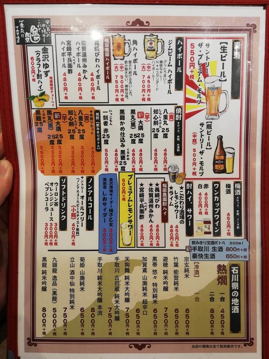 金沢市中央卸売市場『魚がし食堂』のメニュー表写真②