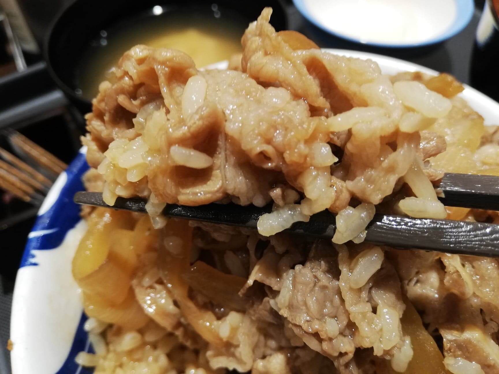 松屋の牛丼を箸で掴んでいる画像